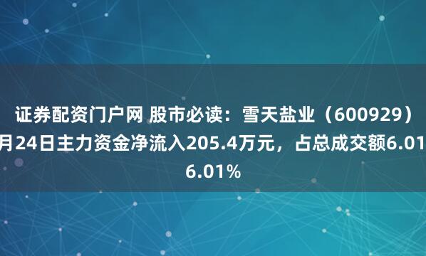 证券配资门户网 股市必读：雪天盐业（600929）6月24日主力资金净流入205.4万元，占总成交额6.01%